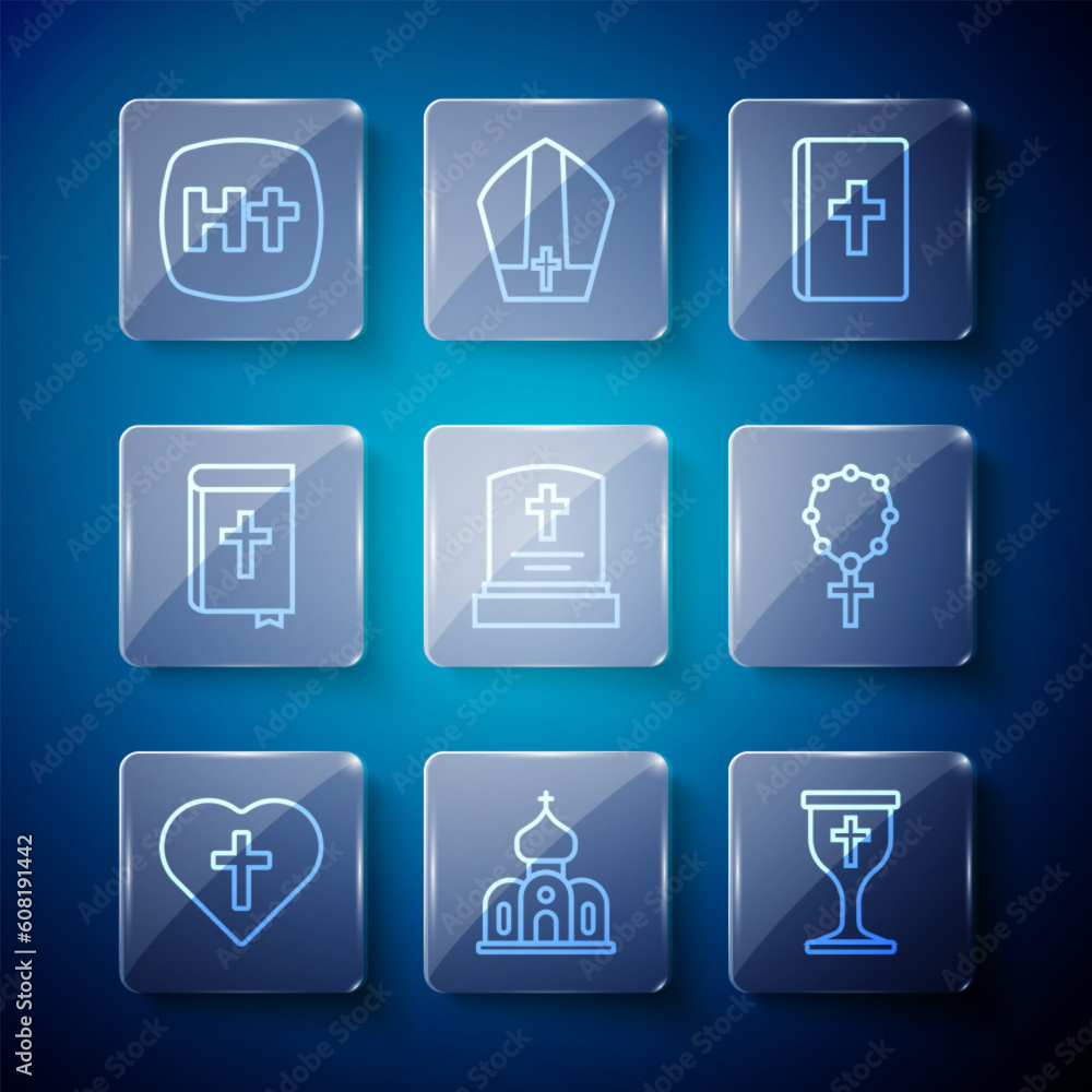 Set line Christian cross in heart, Church building, chalice, Holy bible book, Grave with tombstone, and Rosary beads religion icon. Vector Set line Christian cross in heart, Church building, chalice, Holy bible book, Grave with tombstone, and Rosary beads religion icon. Vector