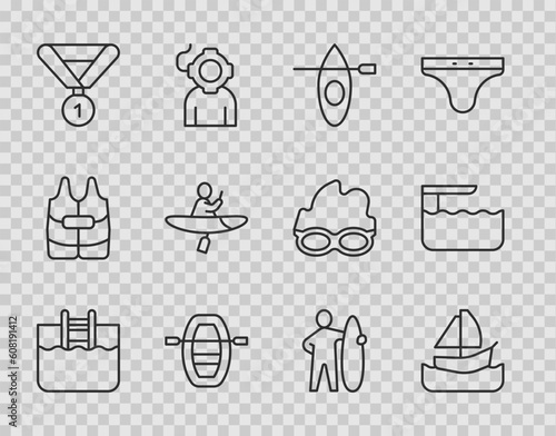 Set line Swimming pool with ladder, Yacht sailboat, Kayak and paddle, Boat oars, Medal, Surfboard and Diving or springboard icon. Vector