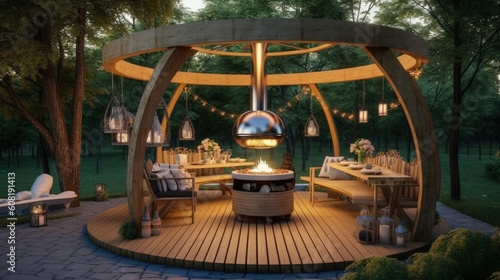 Backyard cozy patio area with wicker furniture set. generative AI image