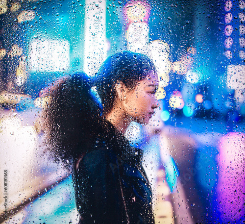 View through glass window with rain drops on blurred reflection silhouette of a girl on a city street after rain and colorful neon bokeh city lights  night street scene. Focus on raindrops on glass