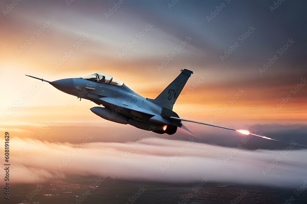 F16 falcon fighter jet on sunset background. Created with Generative AI ...