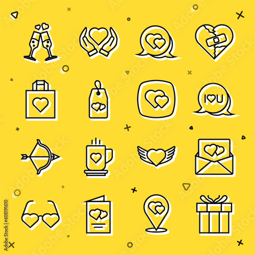 Set line Gift box, Envelope with Valentine heart, Speech bubble text I love you, Heart speech, Please do not disturb, Shopping bag, Glass of champagne and icon. Vector