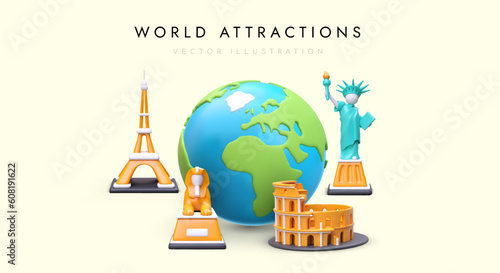 Poster with 3D sights of world. Landmarks of different continents. Travels around globe. Choose where you want to go on vacation abroad. Realistic color illustration in cartoon style