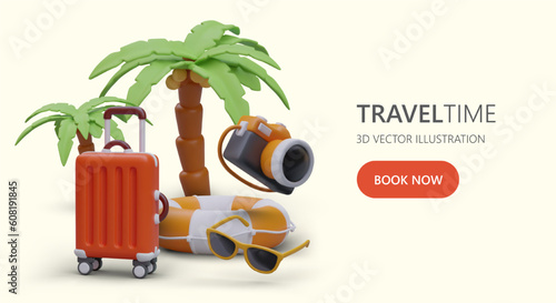 Trip to seaside resort. Time to rest under palm trees. Safe swimming in ocean. Poster with call to pack suitcase and go on vacation. Color cartoon 3D images