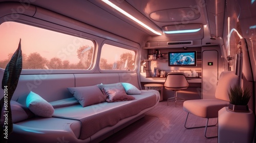 Inside camper van. Moderm style, large windows, lounge atmosphere in pink shades of house on wheels. generative AI image
