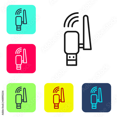 Black line Usb wireless adapter icon isolated on white background. Set icons in color square buttons. Vector