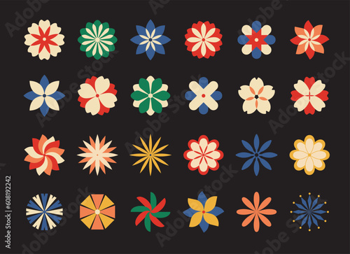 Modern vintage geometric flowers. Abstract contemporary elements. Scandinavian folk art. Bauhaus memphis design.