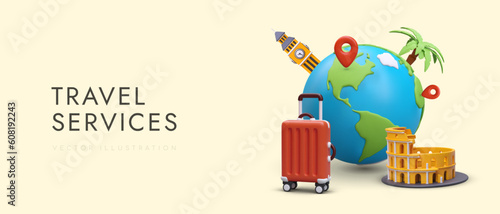 Travel service from leading operator. Classic tours to world monuments, non standard excursions, new programs. Vacations on tropical resorts. Bright banner on colored background. 3D illustration