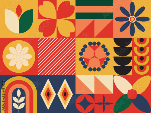 Geometric abstract mural background. Geometric mosaic, shapes, flowers, rainbow. Bauhaus pattern. Retro vintage tiles and blocks.