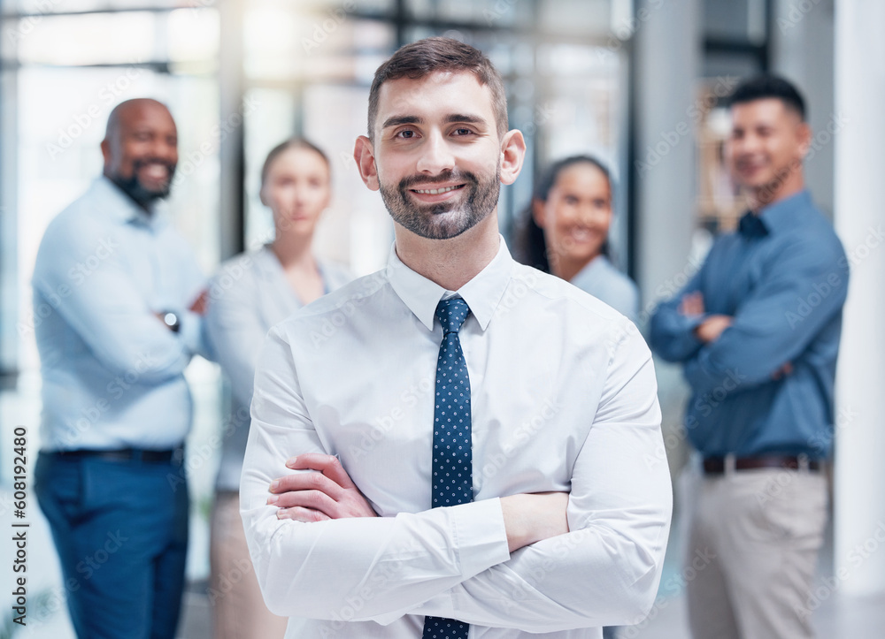 Smile, business people in portrait with team leader and confidence at project management company. Teamwork, commitment and vision, happy team with manager and arms crossed in corporate startup office Smile, business people in portrait with team leader and confidence at project management company. Teamwork, commitment and vision, happy team with manager and arms crossed in corporate startup office