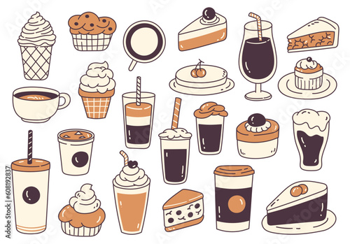 set of coffee and dessert food doodle icon