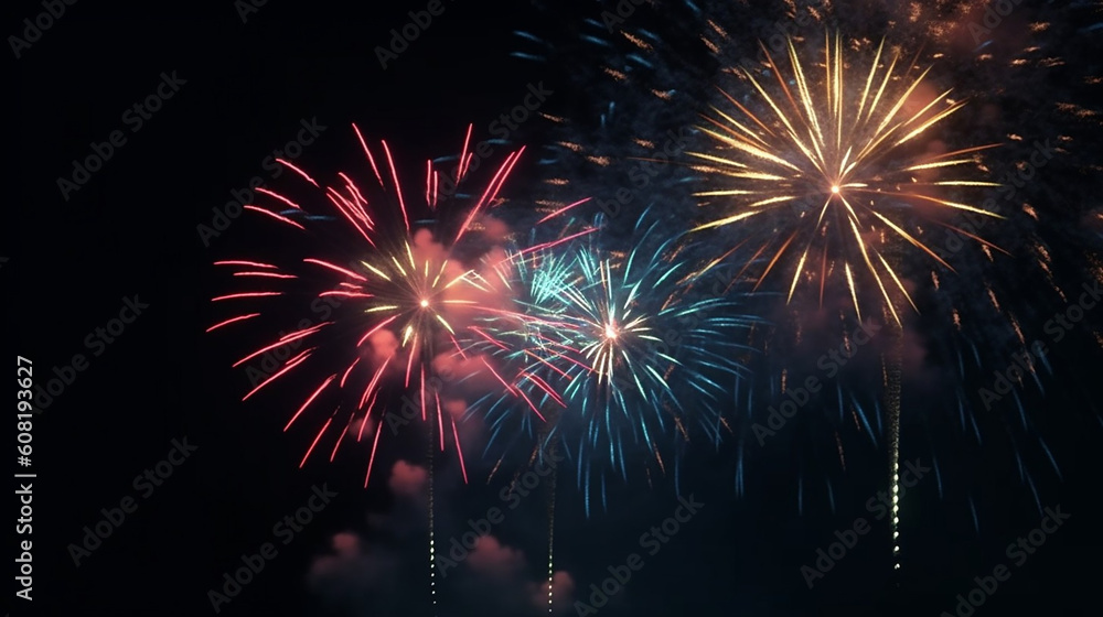 AI generative image of night sky with colorful fireworks in a 4th july event AI generative image of night sky with colorful fireworks in a 4th july event
