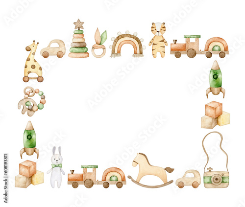 Rectangular frame of childrens wooden toys, newborn teething toys, rocking horse, rocket, rainbow. Watercolor Eco baby toys. Nursery decor. Hand drawn illustration for card, invitation, baby shower