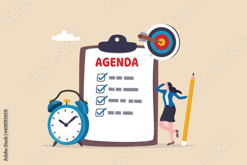 Meeting agenda, priority important task for discussion, objective or purpose to finish, planner or checklist for office work concept, smart business woman hold pencil write meeting agenda with clock.