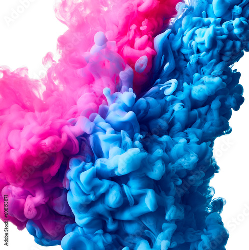 Drop of blue and pink paint in water over white background