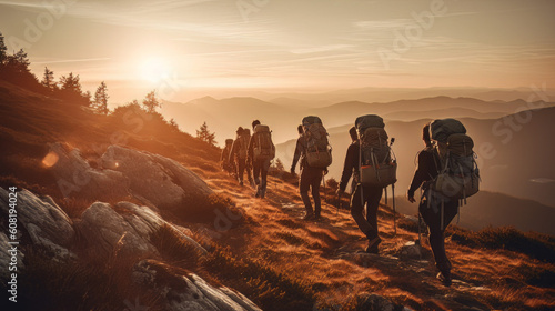 group of athletes hiking in the mountains at sunset with backpacks