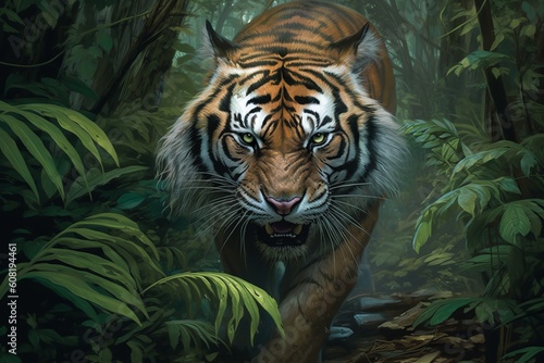 tiger in the jungle showing power and strength. Generative AI