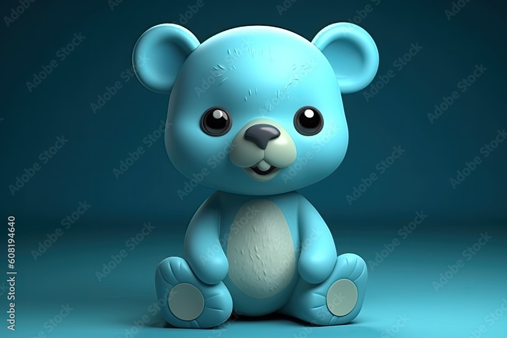 Naklejka premium Funny image of a 3D cartoon bear in blue and yellow colors with a blue background. Generative AI