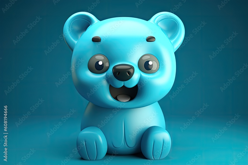Fototapeta premium Funny image of a 3D cartoon bear in blue and yellow colors with a blue background. Generative AI