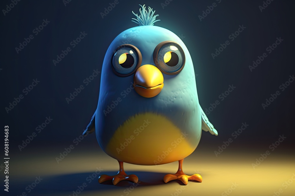 Funny image of a 3D cartoon bird in blue and yellow colors with a blue background. Generative AI Funny image of a 3D cartoon bird in blue and yellow colors with a blue background. Generative AI