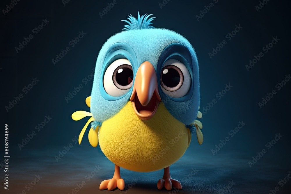 Funny image of a 3D cartoon bird in blue and yellow colors with a blue background. Generative AI Funny image of a 3D cartoon bird in blue and yellow colors with a blue background. Generative AI