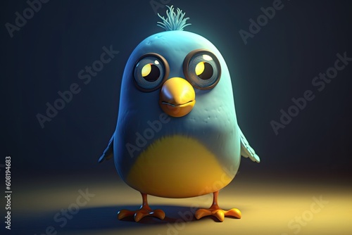 Funny image of a 3D cartoon bird in blue and yellow colors with a blue background. Generative AI