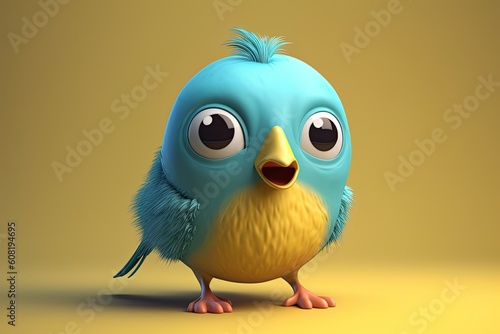 Funny image of a 3D cartoon bird in blue and yellow colors with a blue background. Generative AI