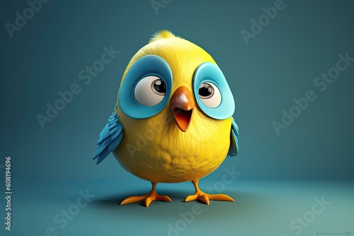 Funny image of a 3D cartoon bird in blue and yellow colors with a blue background. Generative AI
