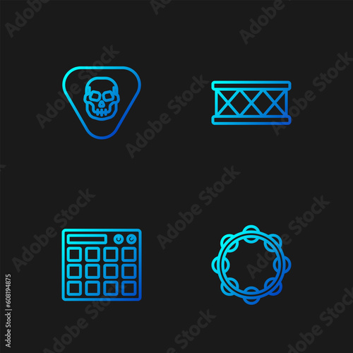 Set line Tambourine, Drum machine, Guitar pick and . Gradient color icons. Vector