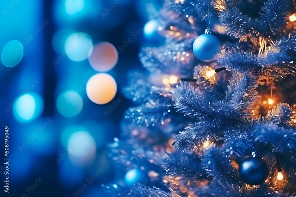 Beautiful Christmas tree decorated in lights on a blue background. With Generative AI technology