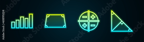 Set line Graph, schedule, chart, diagram, Acute trapezoid shape, XYZ Coordinate system and Angle bisector of triangle. Glowing neon icon. Vector photo