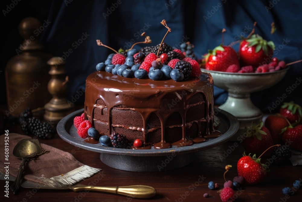 chocolaty cake with creamy ganache and fresh berries, created with generative ai