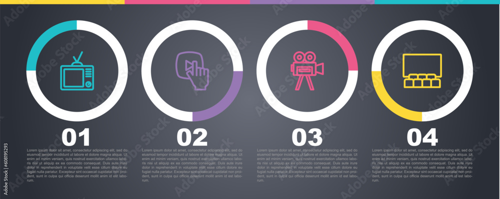 Set line Retro tv, Online play video, cinema camera and Cinema auditorium with screen. Business infographic template. Vector Set line Retro tv, Online play video, cinema camera and Cinema auditorium with screen. Business infographic template. Vector