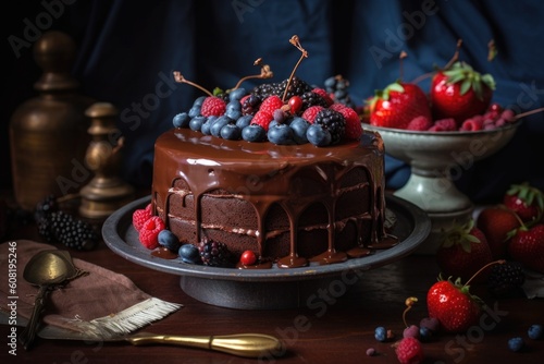 chocolaty cake with creamy ganache and fresh berries, created with generative ai © Alfazet Chronicles