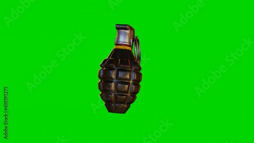 3d render model of a combat grenade rotating on a green screen