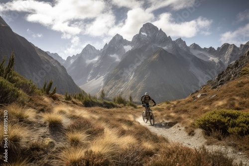 mountain biker riding through vast and pristine wilderness, with towering peaks in the background, created with generative ai © Alfazet Chronicles