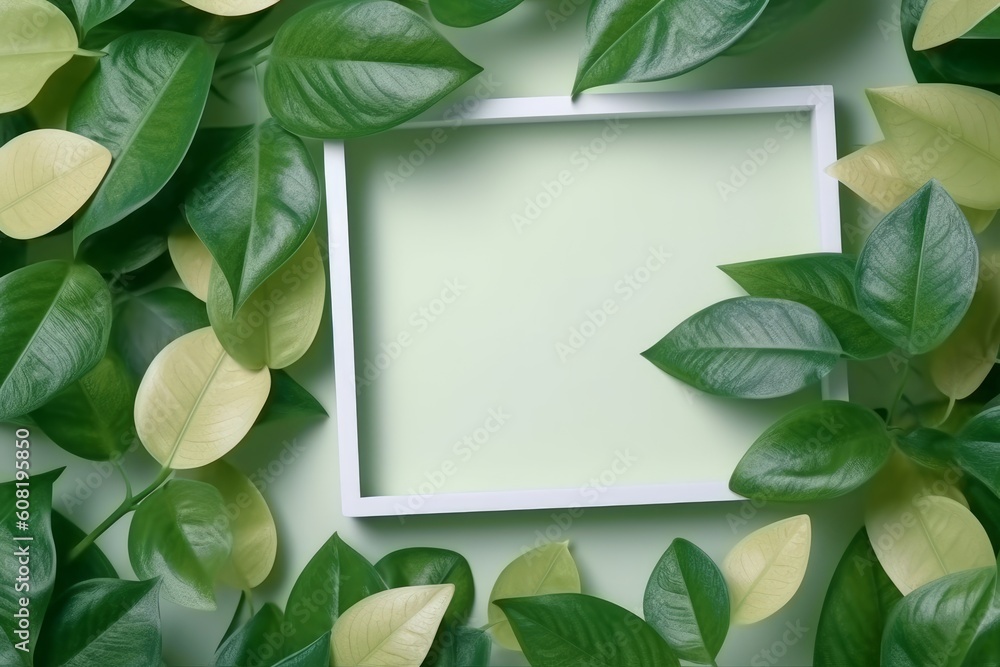 Naklejka premium empty frame with green leaves mockup. green ivy frame. white background. Generative AI