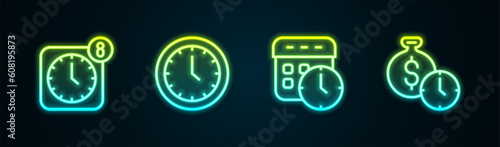 Set line Alarm clock app mobile, Clock, Calendar and and Time is money. Glowing neon icon. Vector