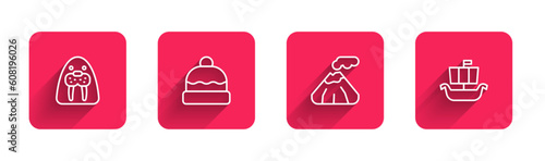 Set line Walrus animal, Beanie hat, Volcano and Viking ship Drakkar with long shadow. Red square button. Vector