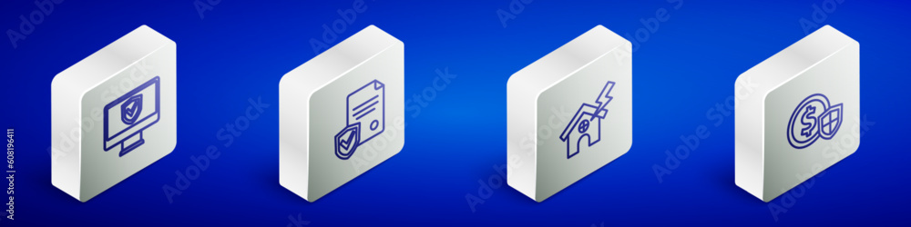 Set Isometric line Insurance online, Contract with shield, House and lightning and Money icon. Vector