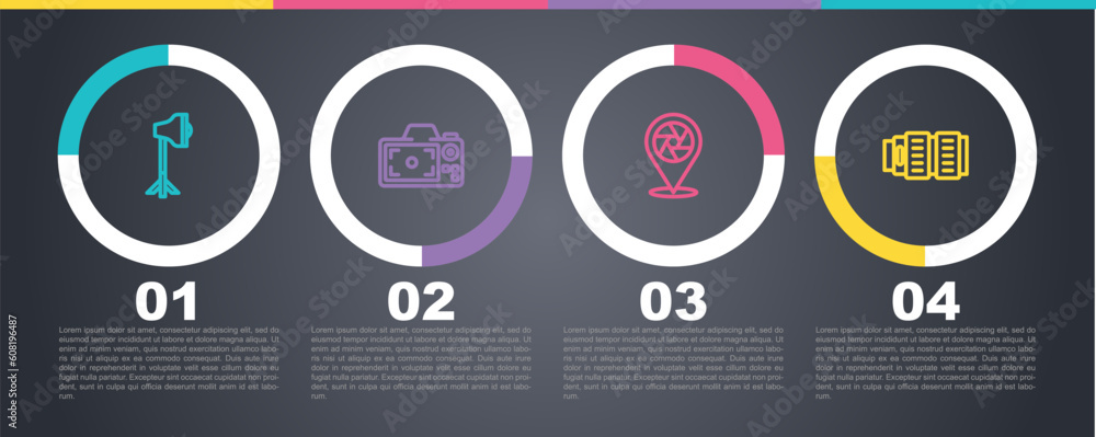 Set line Studio light bulb in softbox, Photo camera, Camera shutter and photo lens. Business infographic template. Vector Set line Studio light bulb in softbox, Photo camera, Camera shutter and photo lens. Business infographic template. Vector