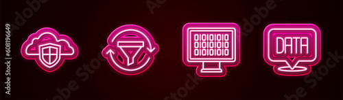 Set line Cloud and shield, Sales funnel with chart, Binary code and Data analysis. Glowing neon icon. Vector