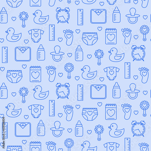 Blue seamless pattern with baby icons. It's a boy.