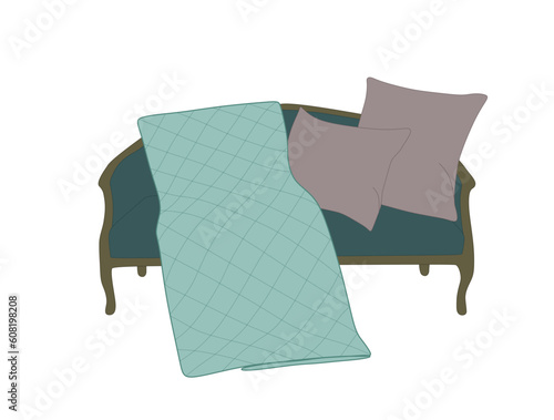 Vintage couch sofa, furniture interior decor of home apartment vector illustration. Cartoon turquoise sofa with blanket and pillows, furniture decoration of living room isolated on white