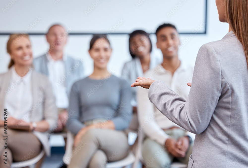 Presentation, woman speaker and audience at seminar or conference with meeting and training at company. Business people, corporate workshop and learning, professional group and team with presenter Presentation, woman speaker and audience at seminar or conference with meeting and training at company. Business people, corporate workshop and learning, professional group and team with presenter