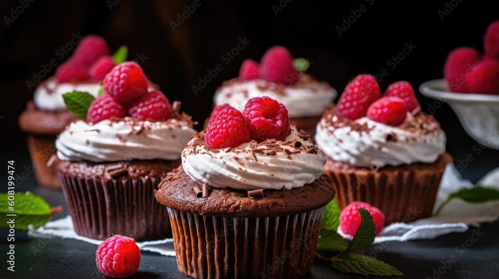 cupcakes with chocolate and  raspberries, ai generative