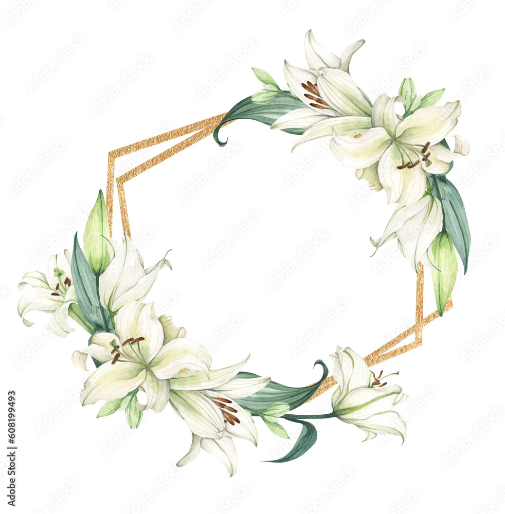 Fototapeta premium White lily. Floral bouquet. Hand drawn clipart for wedding invitations, birthday stationery, greeting cards, scrapbooking. Watercolor illustration.