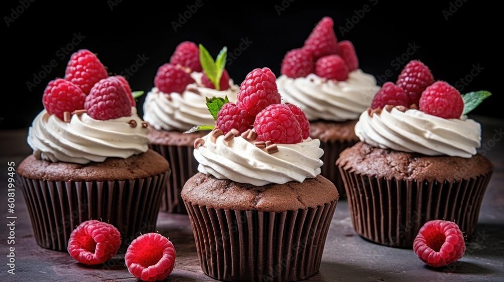 cupcakes with chocolate and  raspberries, ai generative