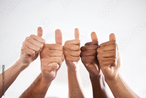 Success, winning or hands of people with a thumbs up for teamwork, support or motivation. Diversity, business and employees with a gesture together for thank you, collaboration or celebration