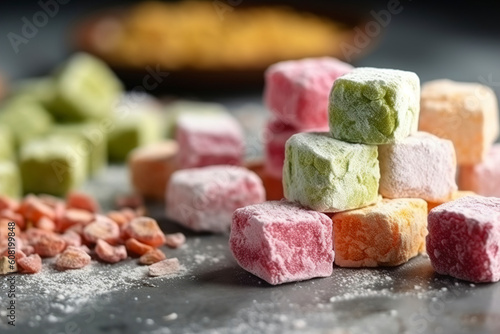 A colorful display of Turkish delight, a confection made with starch and sugar and flavored with rosewater, pistachio, and other ingredients. (Generative AI)